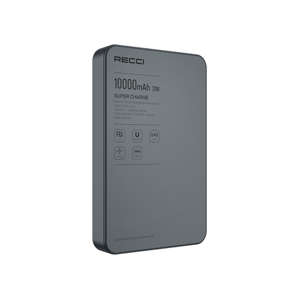 Recci RPB-W36 Ultra İnce PD 20W Hızlı Şarj Özellikli Wireless Powerbank 15W 10000mAh Gri