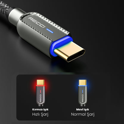Recci RS02C Smart Power-Off Serisi Hızlı Şarj Özellikli USB-A To Type-C Kablo 1M Siyah