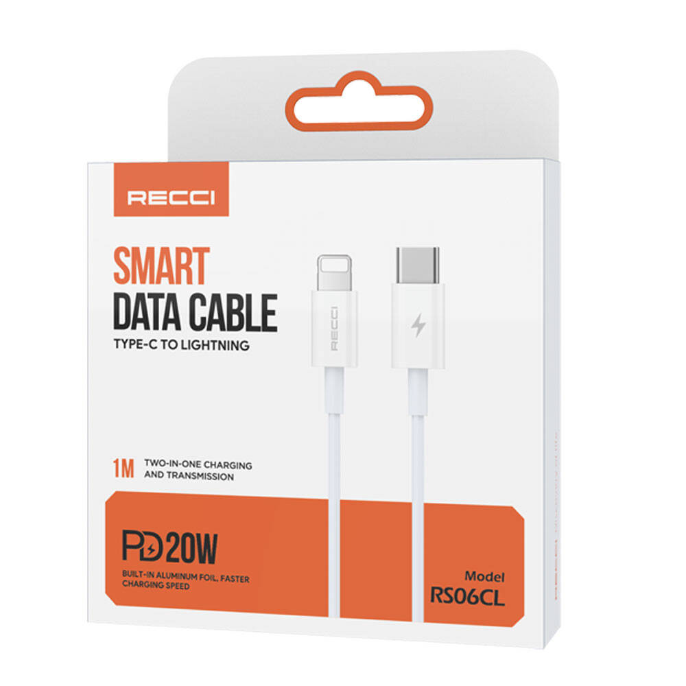 Recci RS06CL Type-C to Lightning PD 20W Hızlı Şarj Özellikli Data ve Şarj Kablosu 1M Beyaz