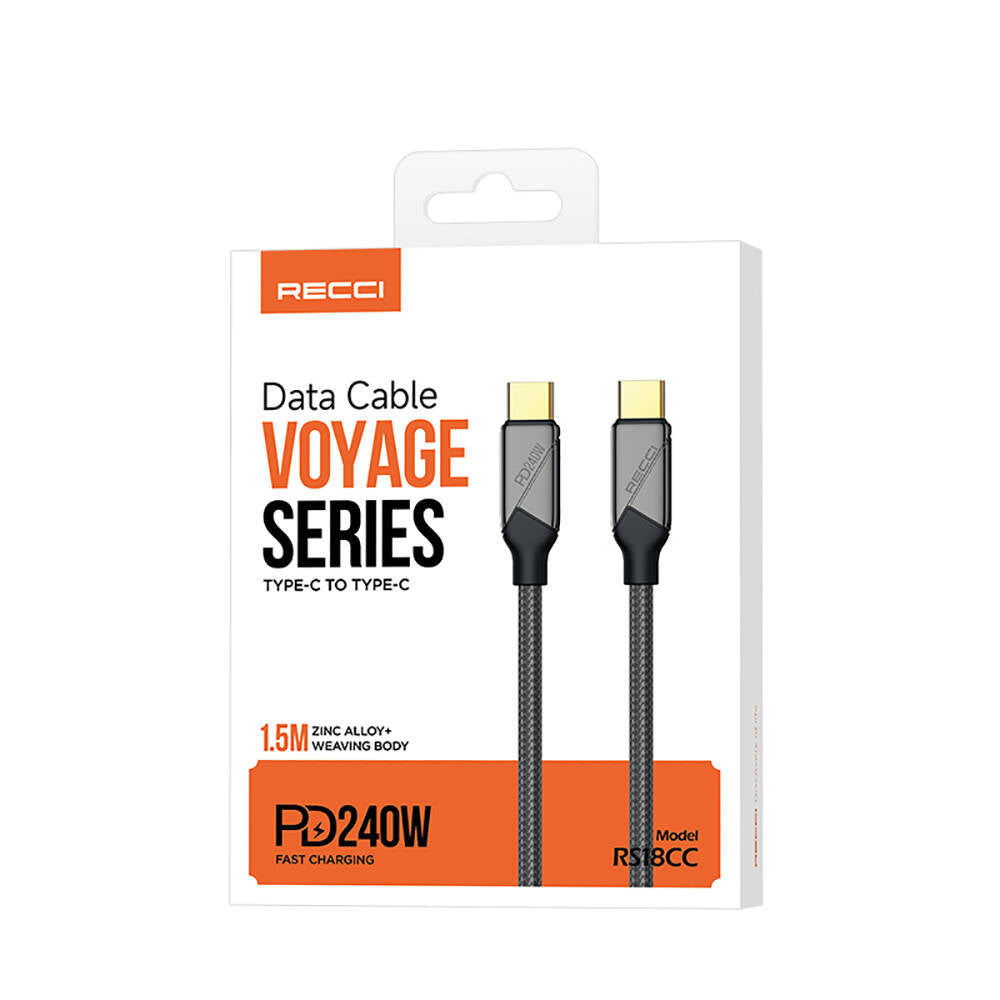 Recci RS18CC Voyage Serisi Type-C to Type-C PD 240W Hızlı Şarj Özellikli Data ve Şarj Kablosu 1.5M Siyah