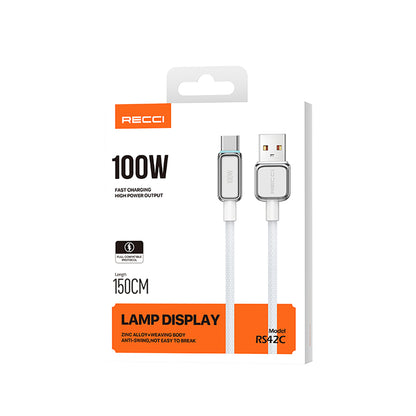 Recci RS42C Lamp Display Serisi USB-A to Type-C 100W Hızlı Şarj Özellikli Data ve Şarj Kablosu 1.5M Siyah