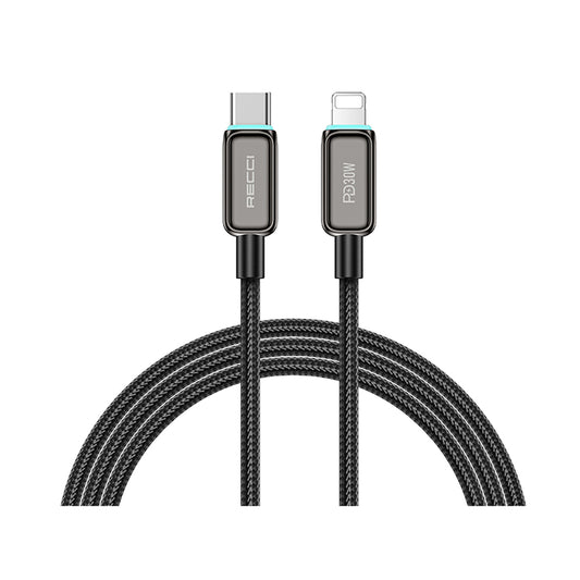 Recci RS42CL Lamp Display Serisi Type-C to Lightning PD 30W Hızlı Şarj Özellikli Data ve Şarj Kablosu 1.5M Siyah
