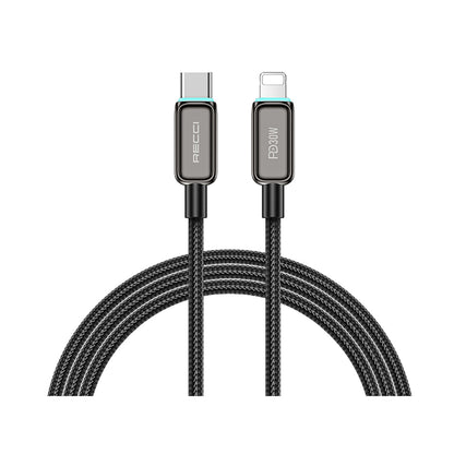 Recci RS42CL Lamp Display Serisi Type-C to Lightning PD 30W Hızlı Şarj Özellikli Data ve Şarj Kablosu 1.5M Siyah
