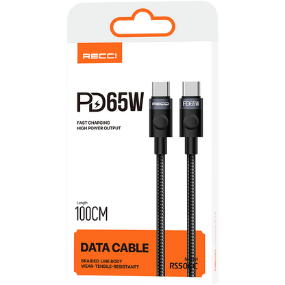 Recci RS50CC Type-C to Type-C PD Örgü Tasarımlı Hızlı Şarj Özellikli Data ve Şarj Kablosu 65W 1M Siyah