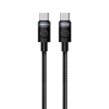 Recci RS50CC Type-C to Type-C PD Örgü Tasarımlı Hızlı Şarj Özellikli Data ve Şarj Kablosu 65W 1M Siyah