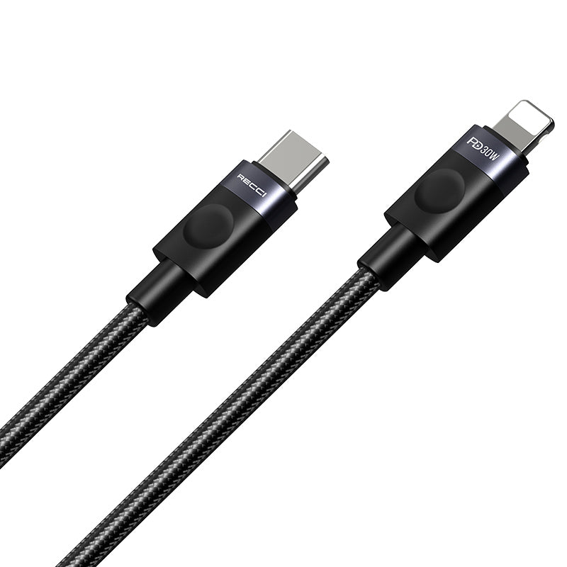 Recci RS50CL Type-C to Lightning PD Örgü Tasarımlı Hızlı Şarj Özellikli Data ve Şarj Kablosu 30W 1M Siyah