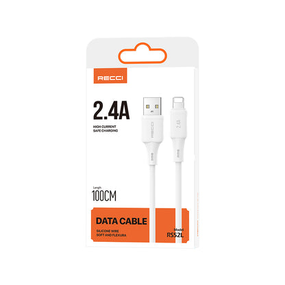 Recci RS52L USB-A to Lightning 2.4A Hızlı Şarj Özellikli Data ve Şarj Kablosu 1M Beyaz