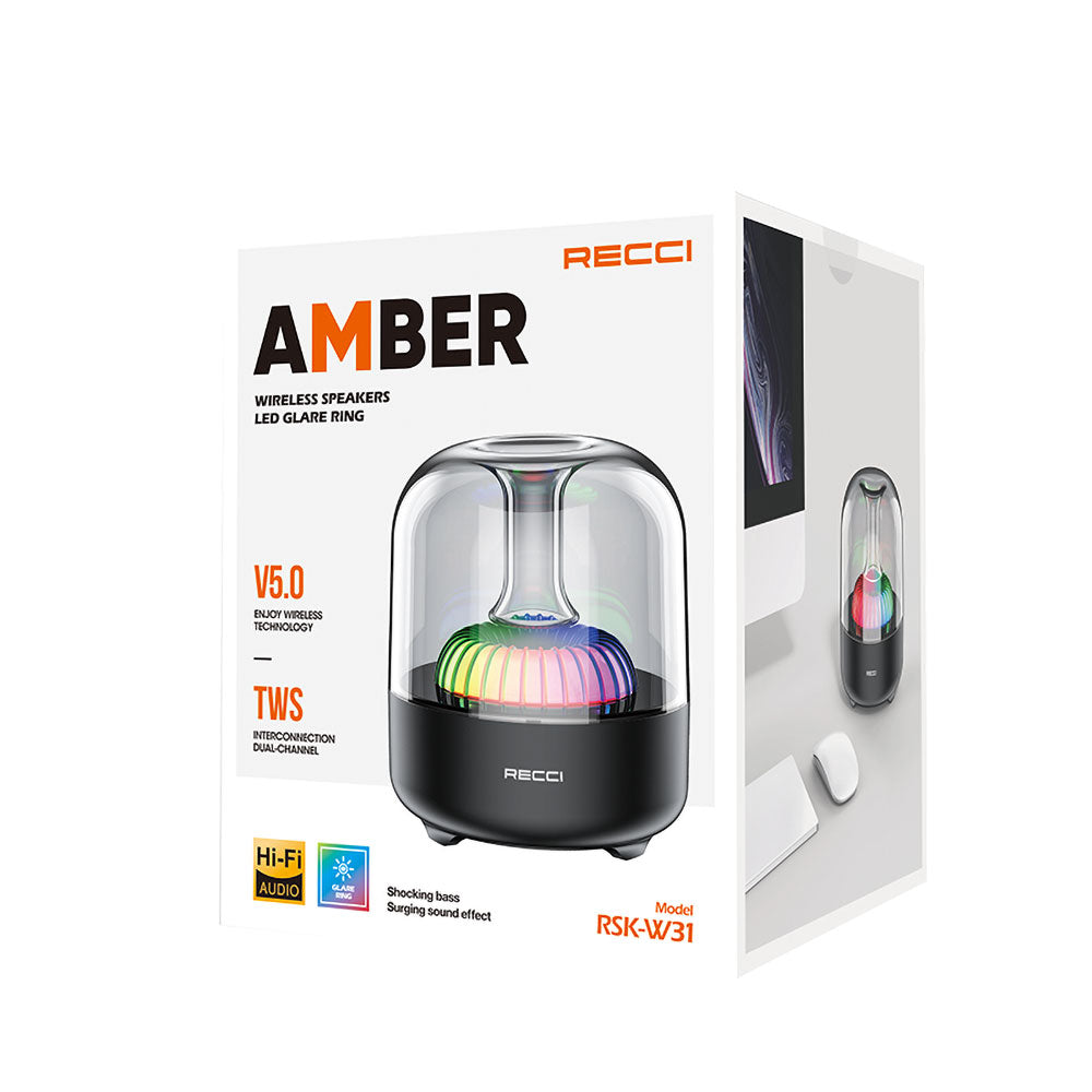 Recci RSK-W31 Amber Serisi FM/TF/AUX Hi-Fi RGB Işıklı Wireless Bluetooth 5.0 Speaker Hoparlör 5W 500mAh Siyah