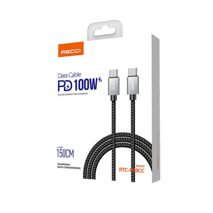 Recci RTC-P08CC Type-C to Type-C PD 100W 5A Hızlı Şarj Naylon Örgü Tasarım Şarj ve Data Kablosu 1.5M Siyah
