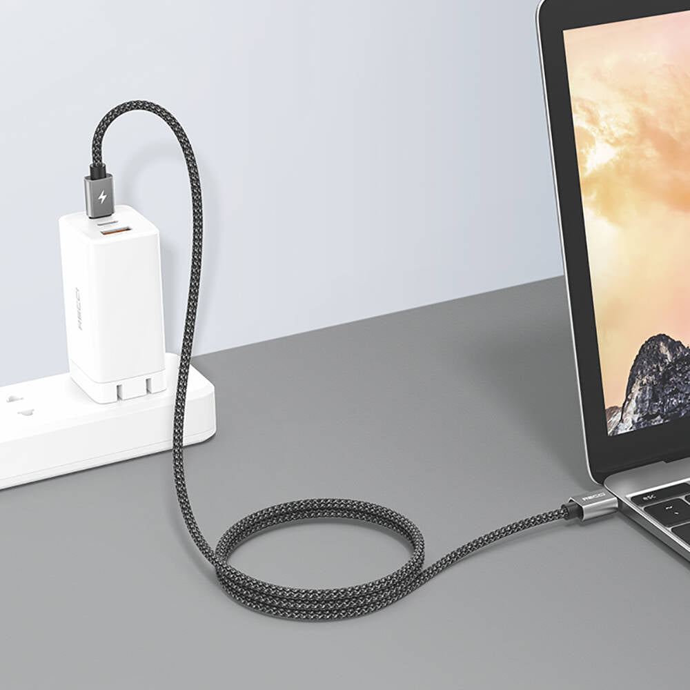 Recci RTC-P08CC Type-C to Type-C PD 100W 5A Hızlı Şarj Naylon Örgü Tasarım Şarj ve Data Kablosu 1.5M Siyah