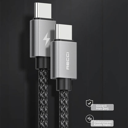 Recci RTC-P08CC Type-C to Type-C PD 100W 5A Hızlı Şarj Naylon Örgü Tasarım Şarj ve Data Kablosu 1.5M Siyah
