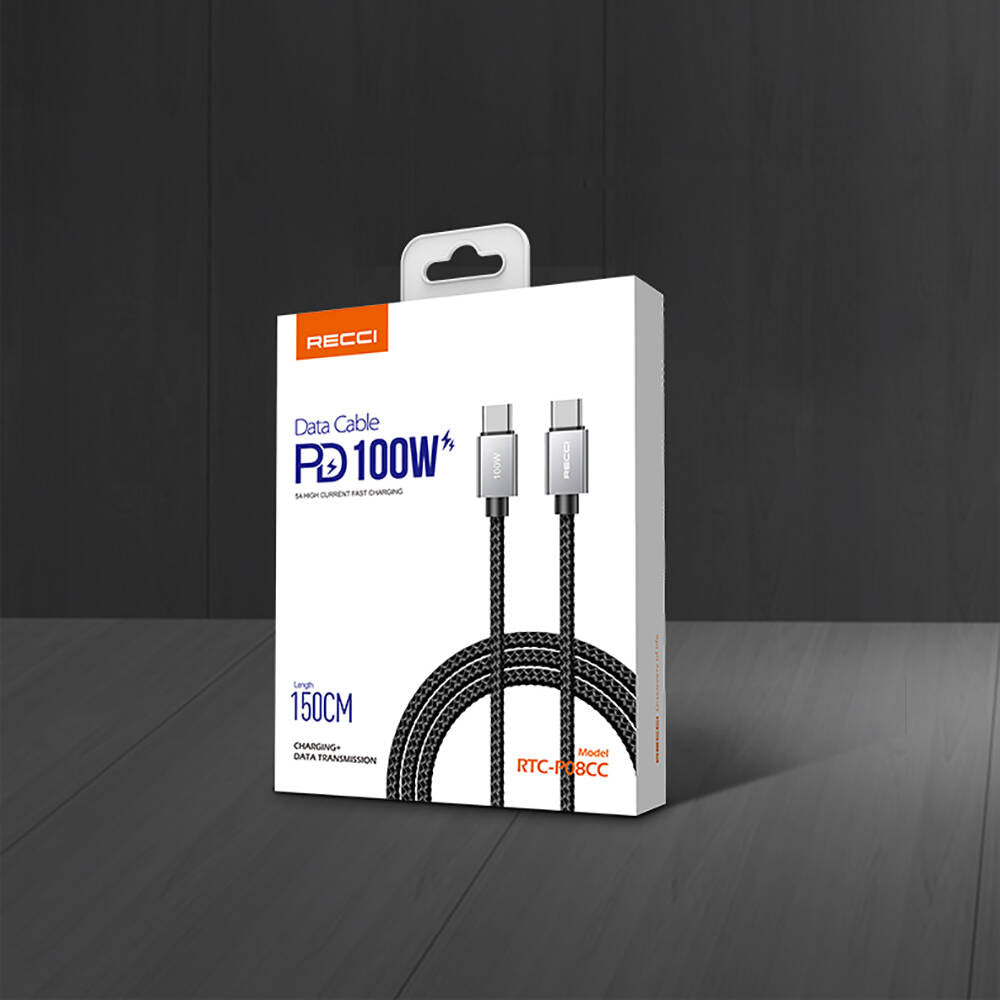 Recci RTC-P08CC Type-C to Type-C PD 100W 5A Hızlı Şarj Naylon Örgü Tasarım Şarj ve Data Kablosu 1.5M Siyah