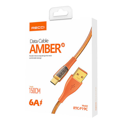 Recci RTC-P19C Amber Serisi USB-A to Type-C 6A Şeffaf Tasarım Şarj ve Data Kablosu 1.5M Turuncu