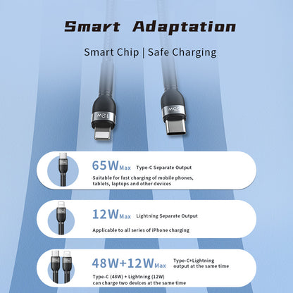 Recci RTC-T16 2 in 1 65W PD Hızlı Şarj Özellikli Lightning ve Type-C To Type-C PD Kablo 1.2M Gri