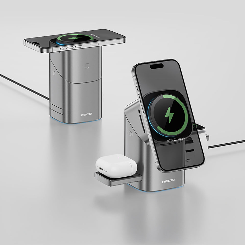 Recci RW05 Qi2 Şarj Teknolojili Ambiyans Işıklı Telefon&Akıllı Saat&Kulaklık 15W 3in1 Kablosuz Şarj Standı Gri