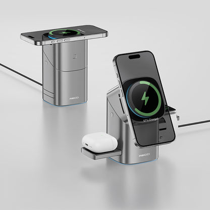 Recci RW05 Qi2 Şarj Teknolojili Ambiyans Işıklı Telefon&Akıllı Saat&Kulaklık 15W 3in1 Kablosuz Şarj Standı Gri