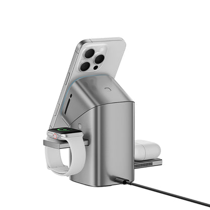 Recci RW05 Qi2 Şarj Teknolojili Ambiyans Işıklı Telefon&Akıllı Saat&Kulaklık 15W 3in1 Kablosuz Şarj Standı Gri