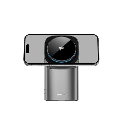 Recci RW05 Qi2 Şarj Teknolojili Ambiyans Işıklı Telefon&Akıllı Saat&Kulaklık 15W 3in1 Kablosuz Şarj Standı Gri