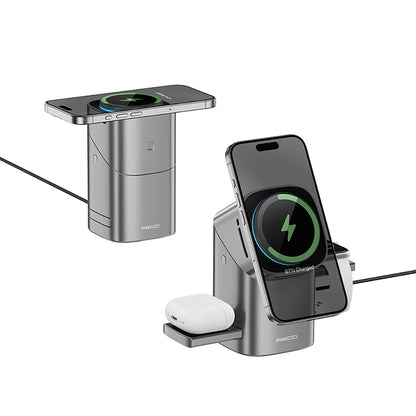 Recci RW05 Qi2 Şarj Teknolojili Ambiyans Işıklı Telefon&Akıllı Saat&Kulaklık 15W 3in1 Kablosuz Şarj Standı Gri