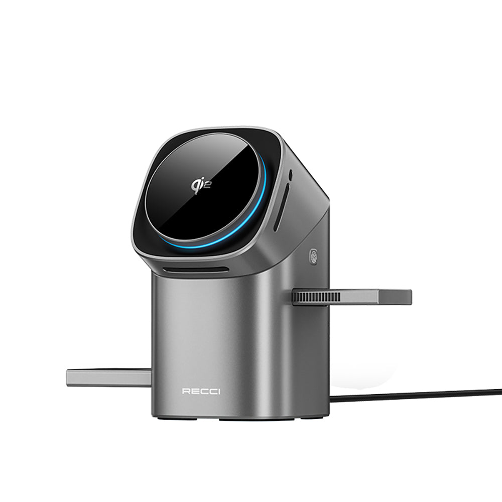 Recci RW05 Qi2 Şarj Teknolojili Ambiyans Işıklı Telefon&Akıllı Saat&Kulaklık 15W 3in1 Kablosuz Şarj Standı Gri