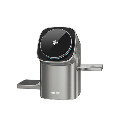 Recci RW05 Qi2 Şarj Teknolojili Ambiyans Işıklı Telefon&Akıllı Saat&Kulaklık 15W 3in1 Kablosuz Şarj Standı Gri