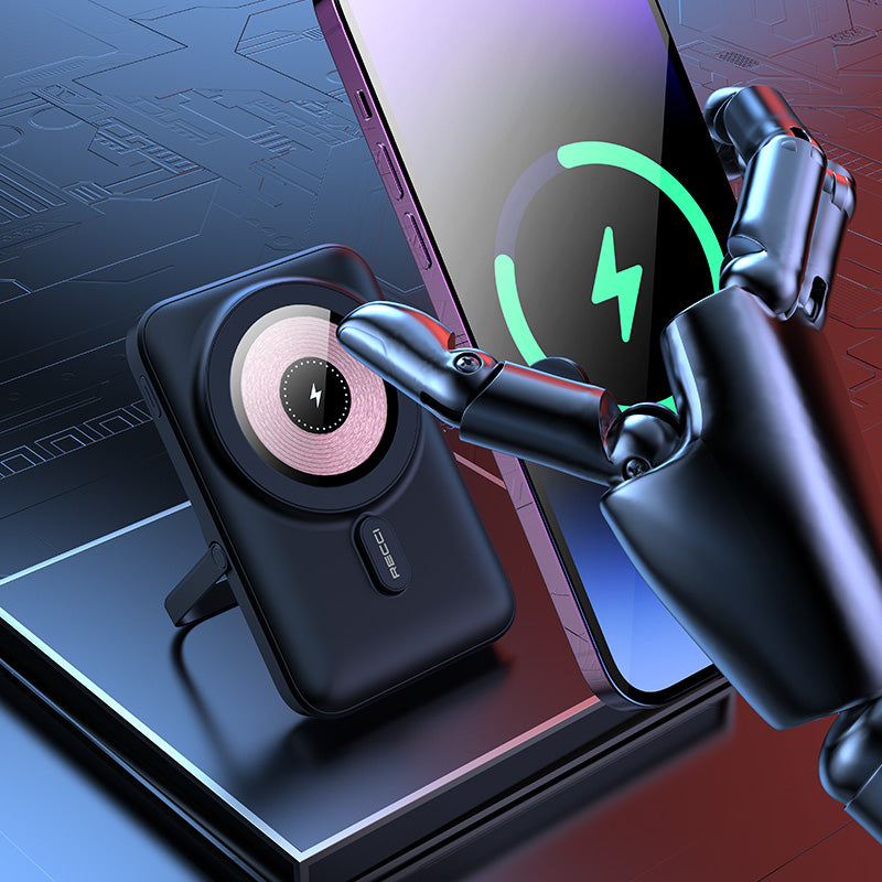 Recci W08 Metal Standlı 15W M-safe Şarj Özellikli 20W PD Hızlı Şarj Powerbank 10000mAh Siyah