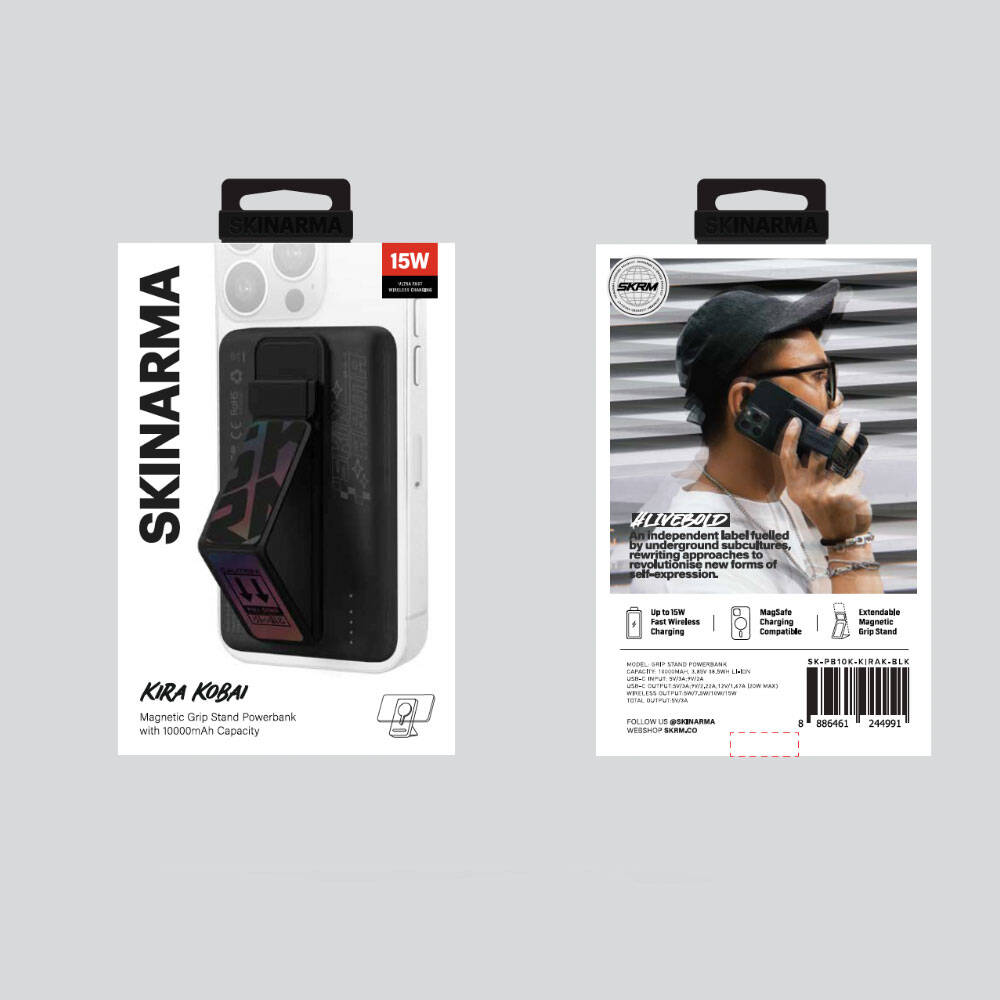 SkinArma Kira Kobai Holografik Tasarımlı Standlı Wireless ve PD Hızlı Şarj Özellikli Powerbank 15W 10000mAh Siyah