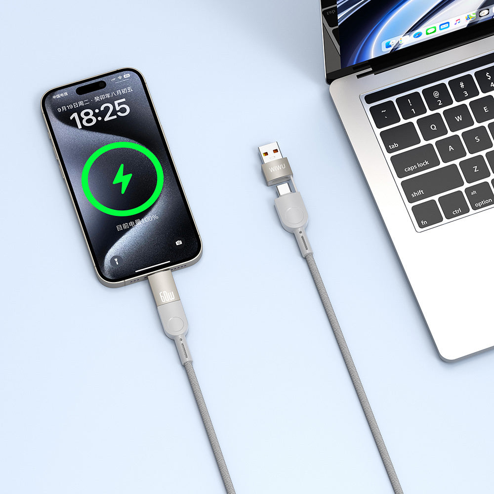 Wiwu 4in1 Raptor Serisi Çoklu USB-A + Type-C to Type-C + Lightning Şarj ve Data Kablosu 60W 200cm Titanyum