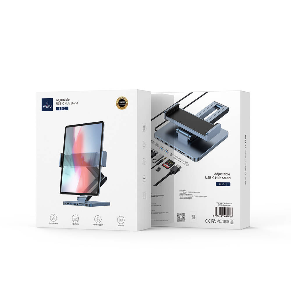 Wiwu AH801 8in1 HDMI (4K@60Hz) Girişli Type-C Hub Bağlantı İstasyonlu Ayarlanabilir Tablet Standı Gri