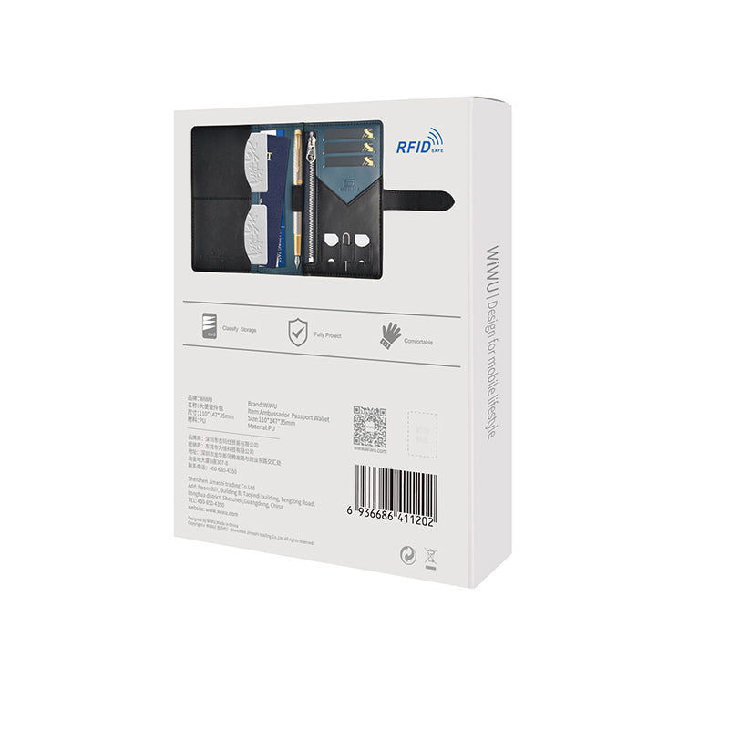 Wiwu Ambassador Passport Wallet Pasaport Kart Sim Bölmeli Cüzdan PU Deri Siyah