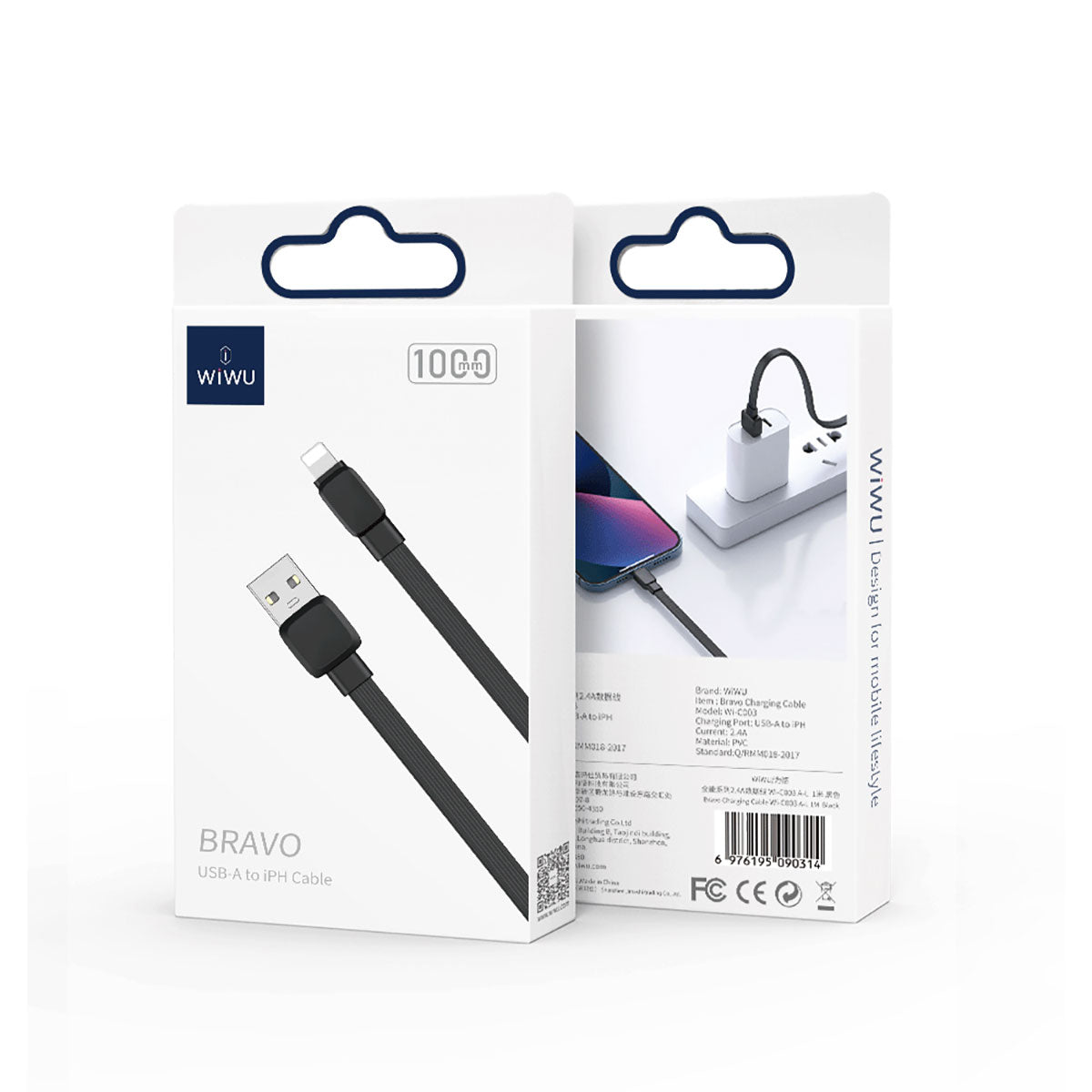 Wiwu Bravo Wİ-C003 Yassı Tasarım Lightning Usb Kablo 1M Siyah