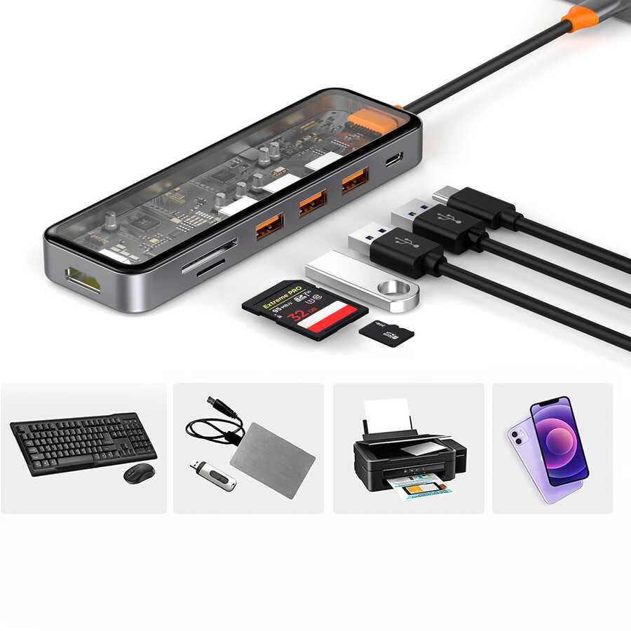 Wiwu CB007 Cyber 7 in 1 Type-C Hub 100W Şarj Destekli Şeffaf Görünümlü SD Kart-Hdmi-Usb Çoğaltıcı Gri