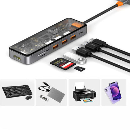 Wiwu CB007 Cyber 7 in 1 Type-C Hub 100W Şarj Destekli Şeffaf Görünümlü SD Kart-Hdmi-Usb Çoğaltıcı Gri