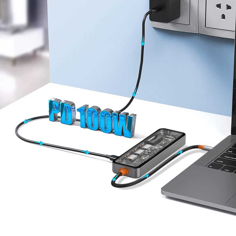 Wiwu CB007 Cyber 7 in 1 Type-C Hub 100W Şarj Destekli Şeffaf Görünümlü SD Kart-Hdmi-Usb Çoğaltıcı Gri