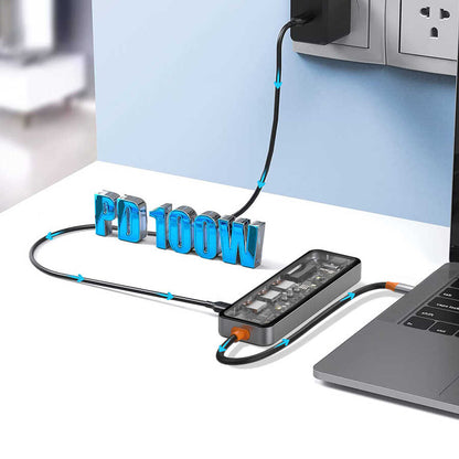 Wiwu CB007 Cyber 7 in 1 Type-C Hub 100W Şarj Destekli Şeffaf Görünümlü SD Kart-Hdmi-Usb Çoğaltıcı Gri