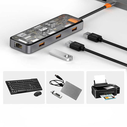 Wiwu CB008 Cyber 8 in 1 Type-C Hub 100W Şarj Destekli Şeffaf Görünümlü SD Kart-RJ45-Hdmi-Usb Çoğaltıcı Gri