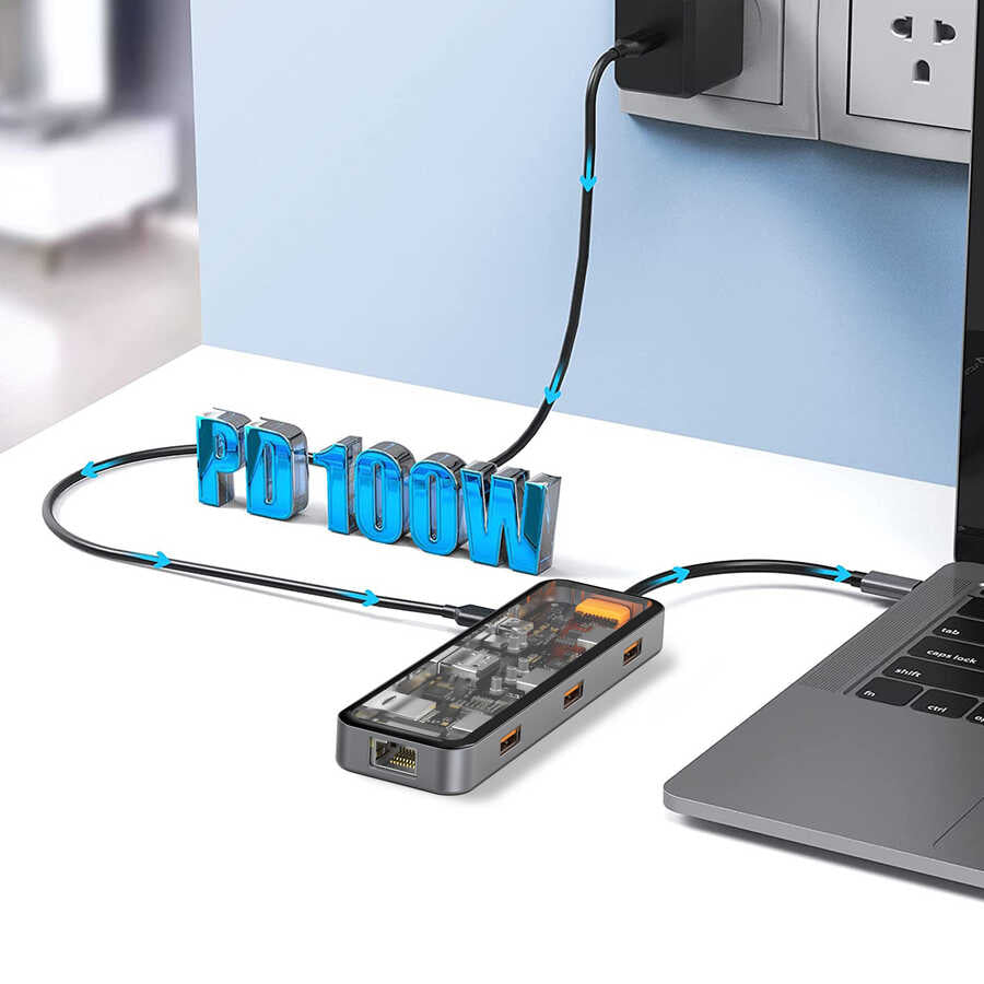 Wiwu CB008 Cyber 8 in 1 Type-C Hub 100W Şarj Destekli Şeffaf Görünümlü SD Kart-RJ45-Hdmi-Usb Çoğaltıcı Gri