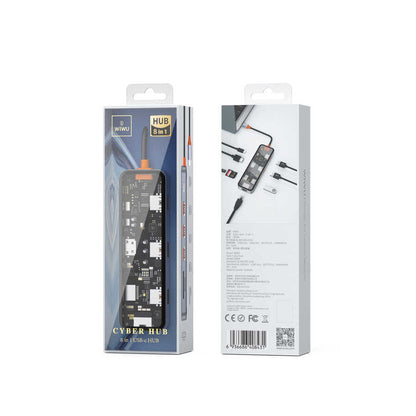 Wiwu CB008 Cyber 8 in 1 Type-C Hub 100W Şarj Destekli Şeffaf Görünümlü SD Kart-RJ45-Hdmi-Usb Çoğaltıcı Gri