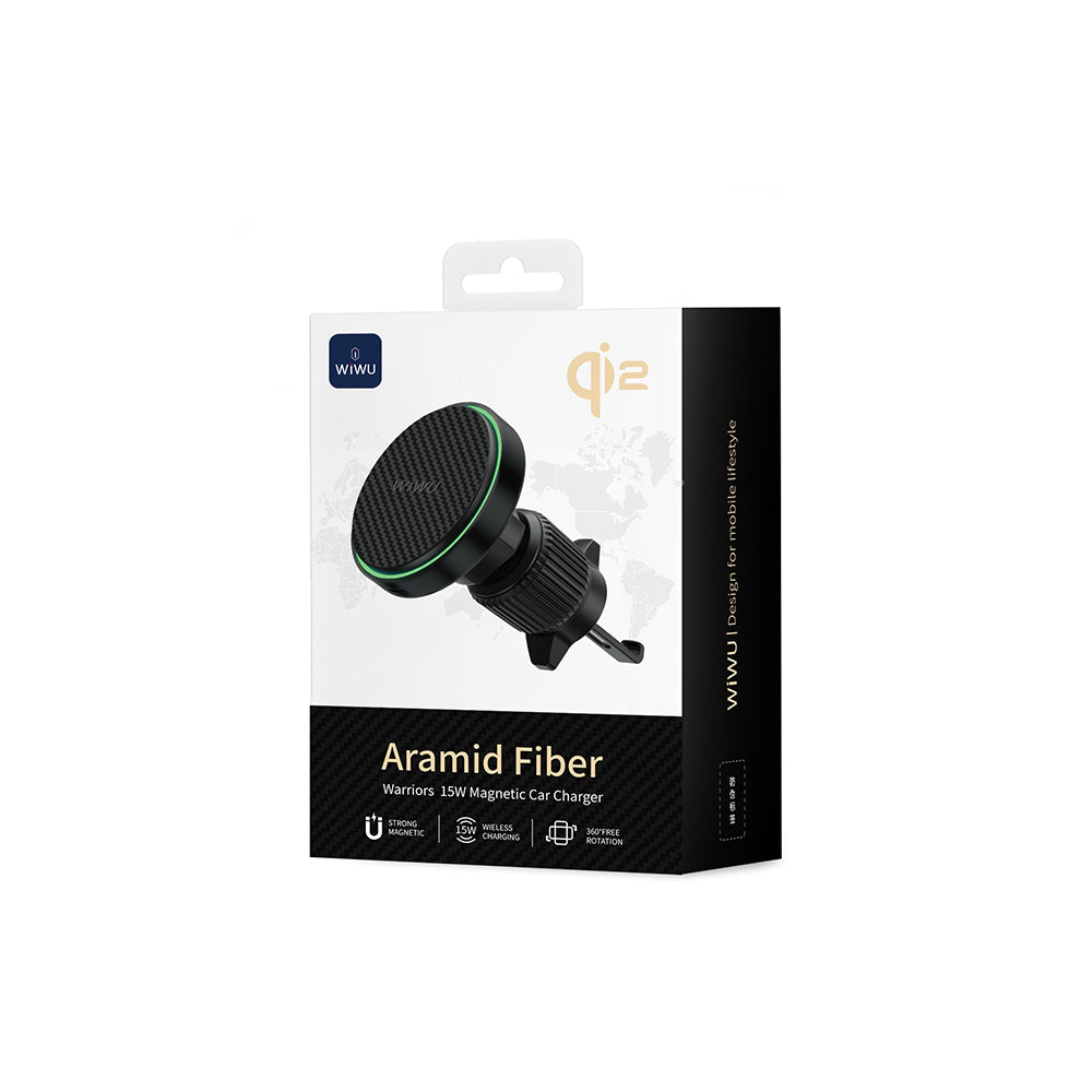 Wiwu CH-325 M-safe Şarj Özellikli Aramid Fiber Qi2 Teknolojili Havalandırma Tasarım Araç Telefon Tutucu 15W Siyah