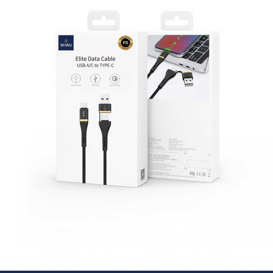 Wiwu ED-106 2 in 1 USB A- Type-C to Type-C Elite Data Kablo Siyah