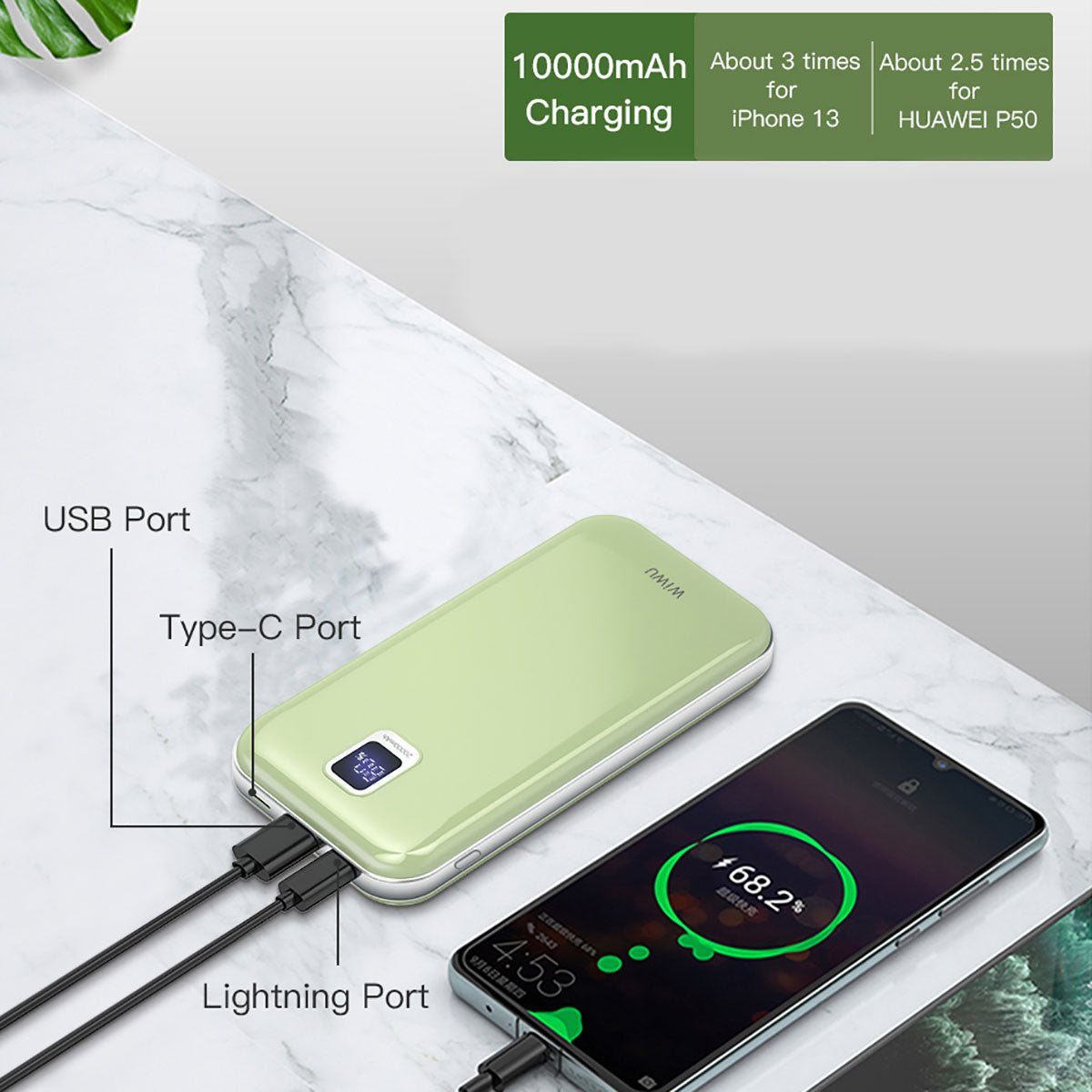 Wiwu JC-16 LED Ekranlı Li-Polimer Aşırı Akım Korumalı Taşınabilir Powerbank PD 20W 10000mAh Yeşil