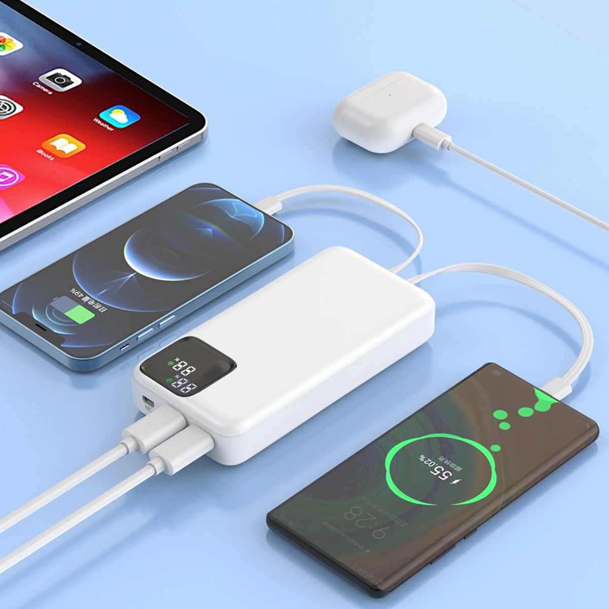 Wiwu JC-22 Dijital LED Ekran Şarj Göstergeli Type-C ve Lightning Kablolu Powerbank 22.5W 20000mAh Beyaz