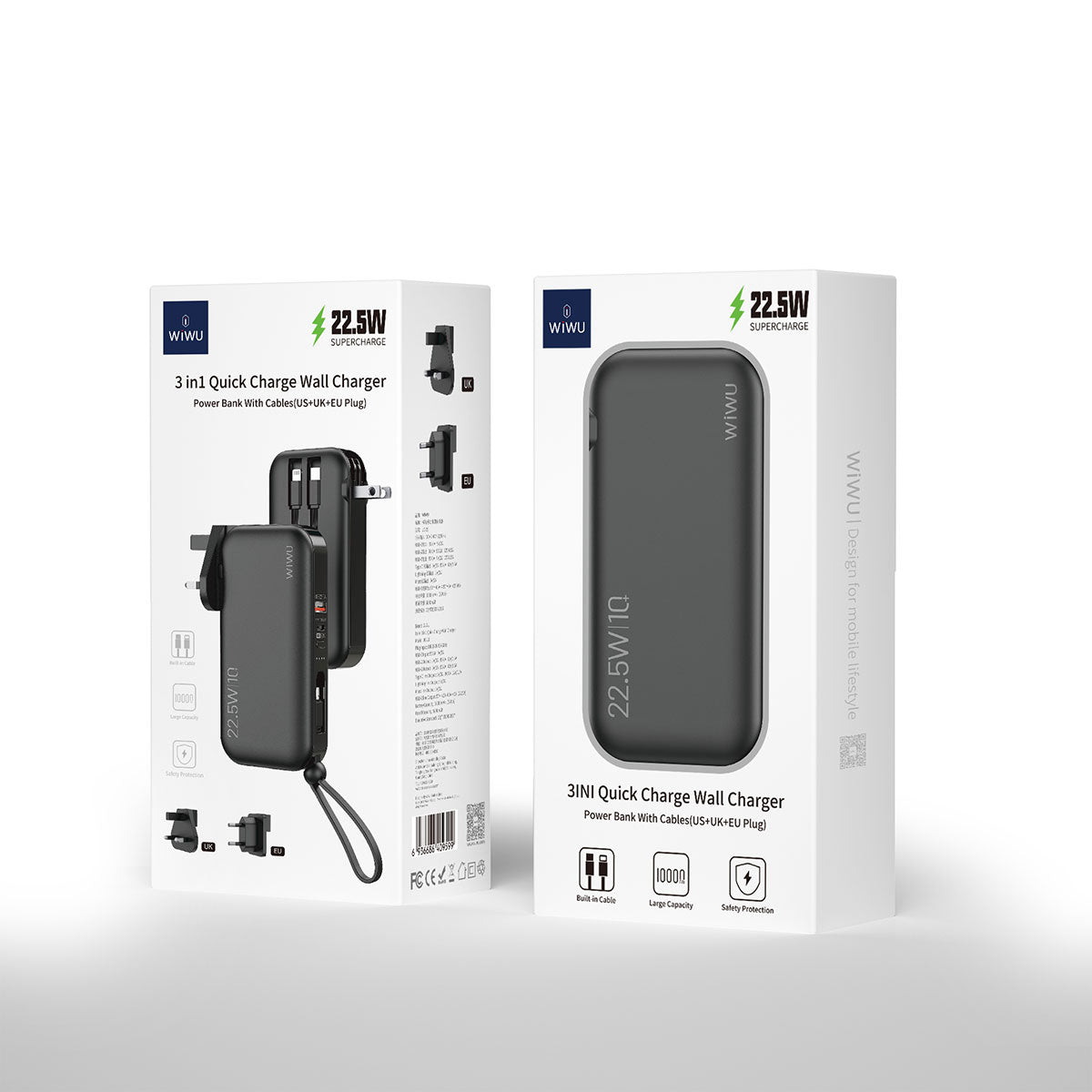 Wiwu JC-23 Micro Type-C ve Lightning Kablolu Şarj Göstergeli PD Powerbank 22.5W 10000mAh Siyah