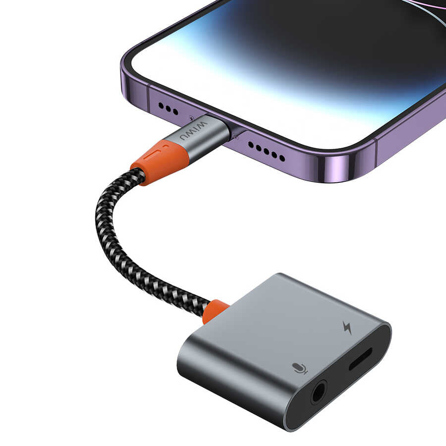 Wiwu LT08 Konuşma Destekli Lightning To 3.5mm Aux Çevirisi Ses Adaptörü Gri