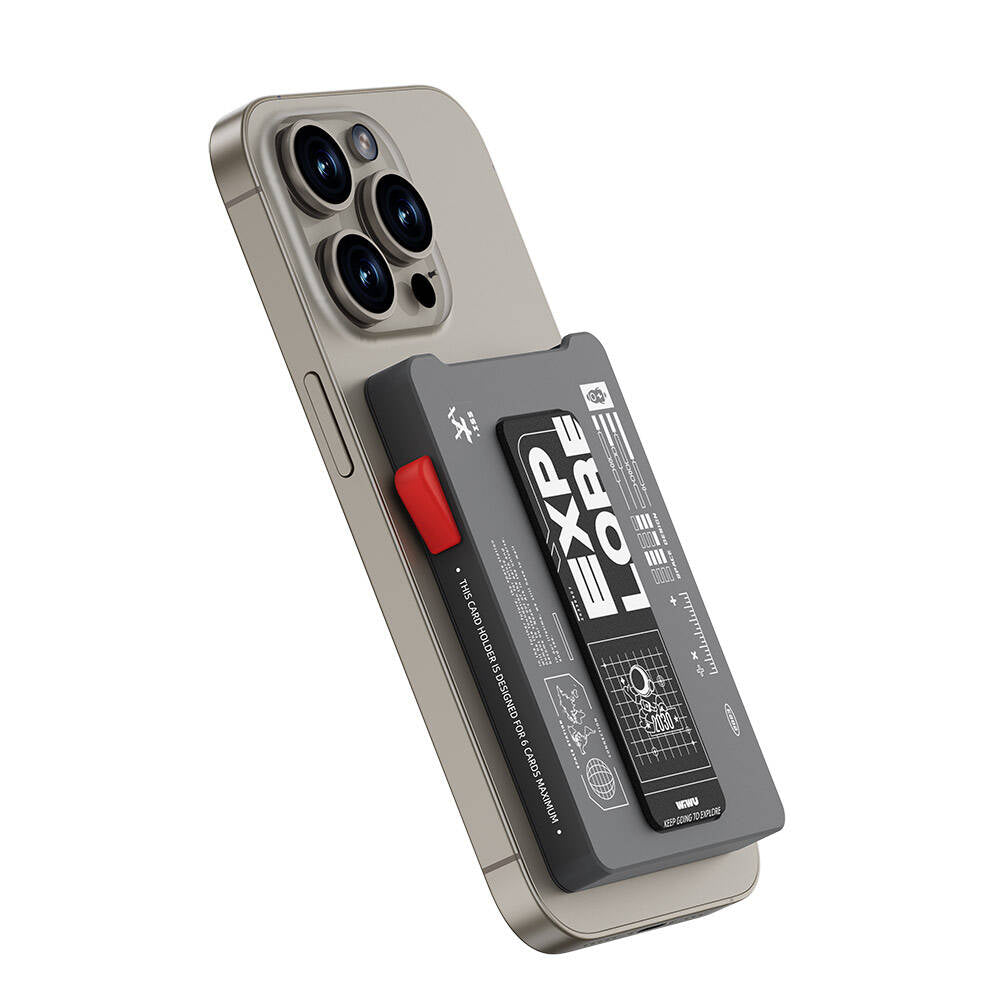 Wiwu MW-002 Pop-Up Buton Tasarımlı 6 Hazneli Magnetik Standlı Kartlık Gri