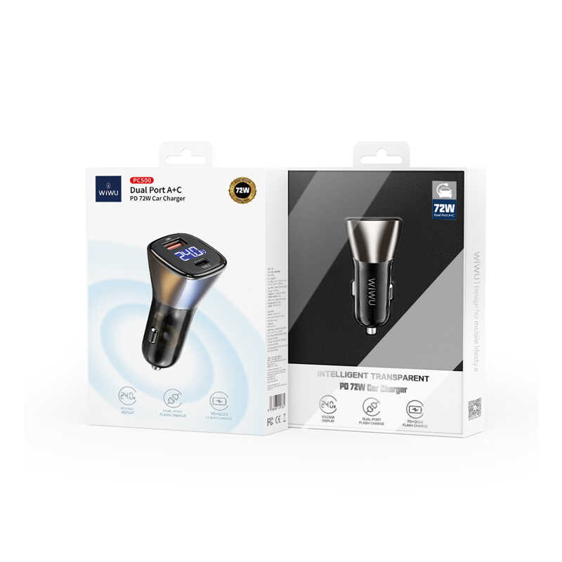 Wiwu PC500 72W PD QC3.0 Ultra Hızlı Şarj Destekli Dijital Göstergeli Araç Şarj Başlığı Siyah