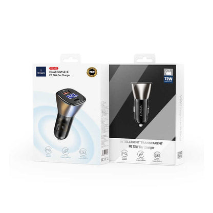 Wiwu PC500 72W PD QC3.0 Ultra Hızlı Şarj Destekli Dijital Göstergeli Araç Şarj Başlığı Siyah