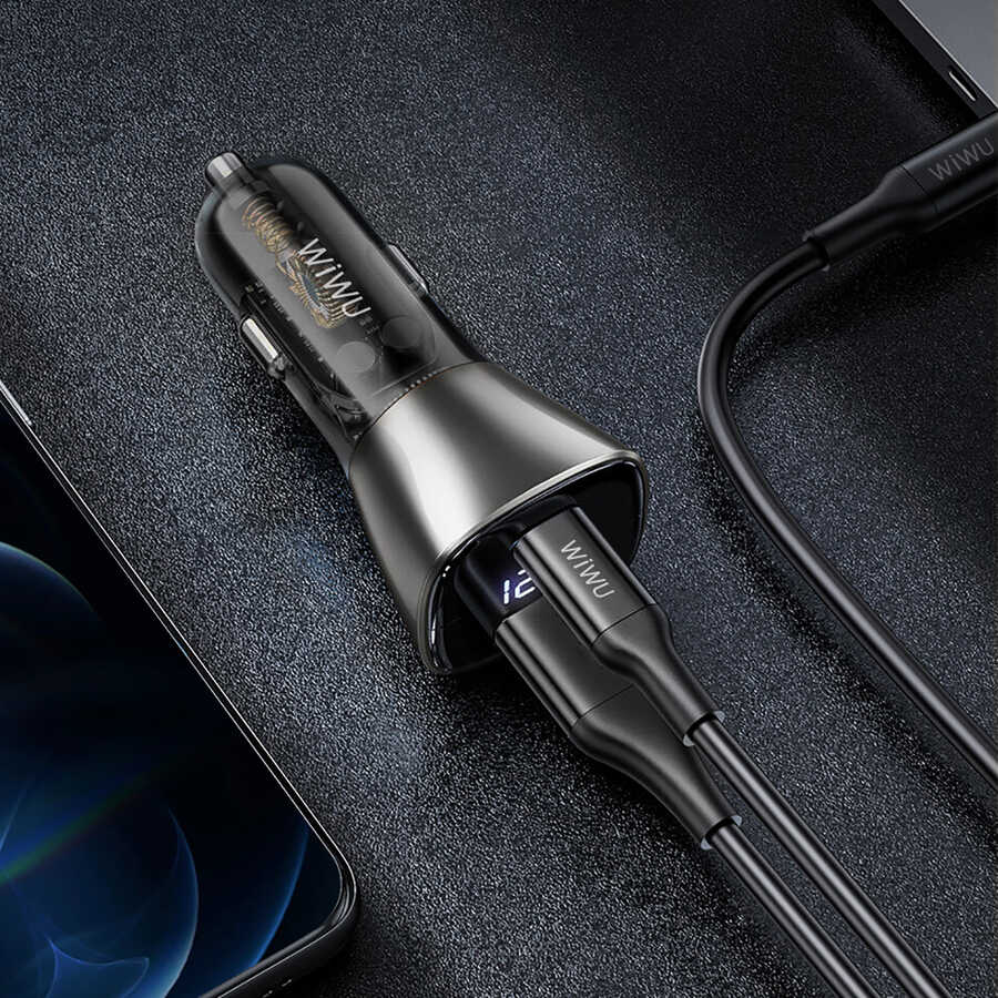 Wiwu PC500 72W PD QC3.0 Ultra Hızlı Şarj Destekli Dijital Göstergeli Araç Şarj Başlığı Siyah