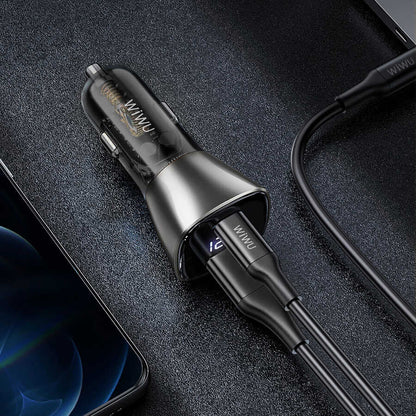 Wiwu PC500 72W PD QC3.0 Ultra Hızlı Şarj Destekli Dijital Göstergeli Araç Şarj Başlığı Siyah