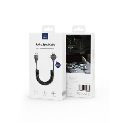 Wiwu Spiral Tasarımlı Micro Type-C ve Lightning 3in1 Spring Spiral Kablo 1m Siyah